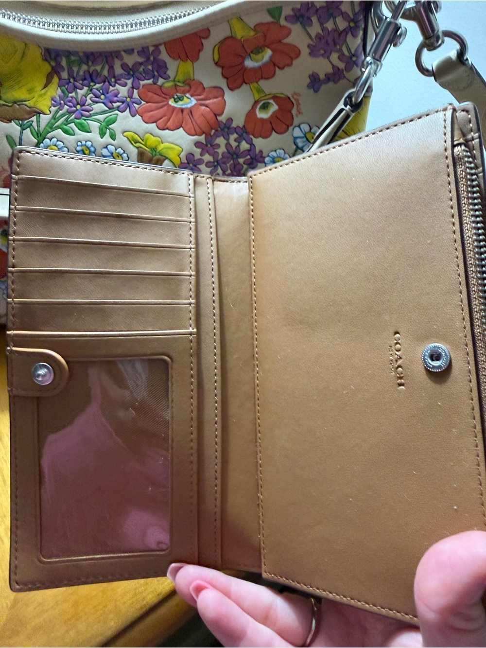 Coach Cream Floral Leather Tote and Matching Wallet with Multicolor Blooms - Picture 10 of 14